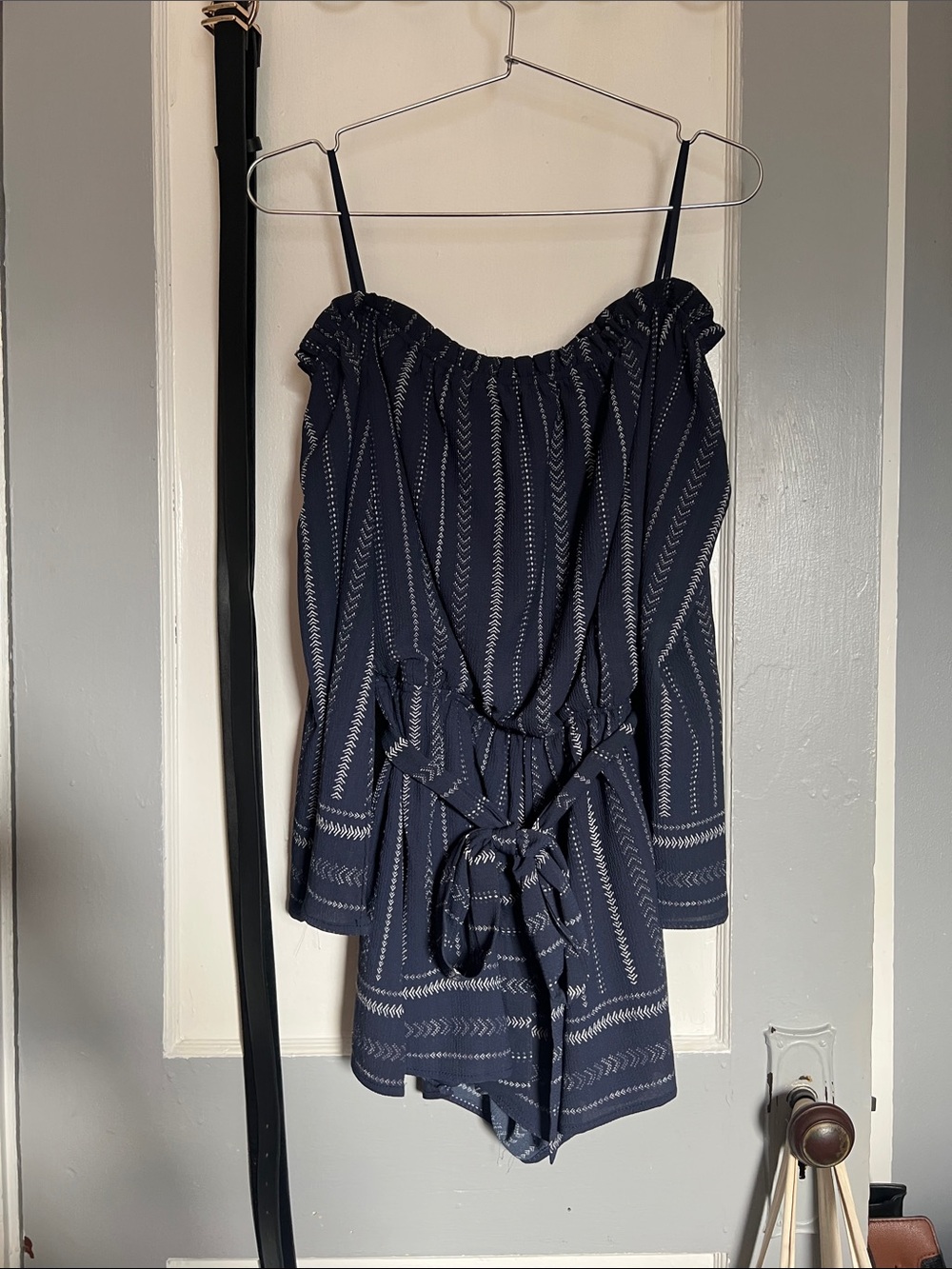Trac Navy Blue Patterned Off-Shoulder Romper